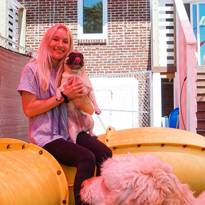 Woman holding a small dog on a playground with colorful equipment and a building in the background