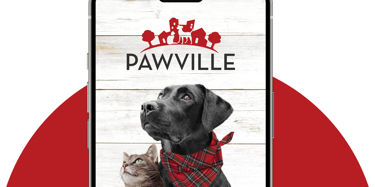 Phone displaying the Pawville app with a dog and cat on a wooden background