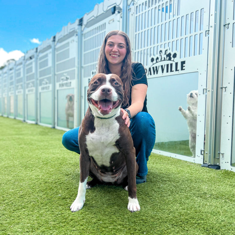 Woman with a dog in front of kennels at a pet boarding facility